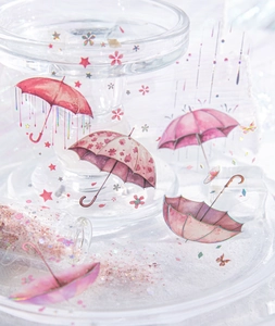 Macro detail of PET umbrella stickers with laser silver stamping for scrapbooking