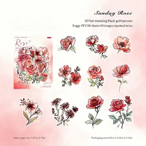 Matte PET rose flower stickers with 3D gold foil for journal decoration set