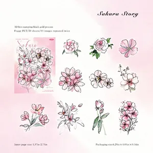 Matte PET 3D gold-stamped cherry blossom sticker set for scrapbooking decoration