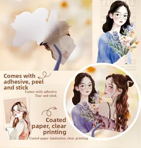 Detail of hand-drawn girl stickers made of matte white kraft paper with self-adhesive backing