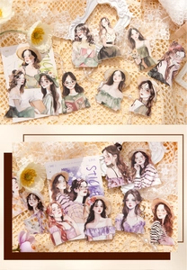 Detail of hand-drawn aesthetic fashion girl stickers on a vintage lace background