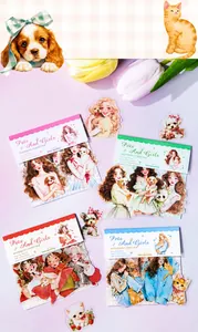 Flache Ansicht von PET-Aufklebern mit Mädchen- und Haustiermotiven für DIY-Journals