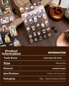 Close-up of decorative lifestyle stickers featuring coffee and cozy street scene illustrations