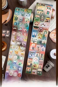 Close-up of decorative washi tape with watercolor teapot and vintage shop illustrations