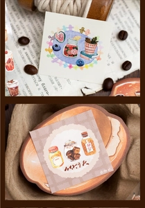 Detail of hand-drawn aesthetic stickers featuring fruit jars and kitchen themes for journaling