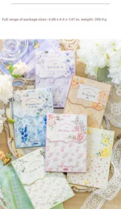 Detail of vintage floral scrapbooking paper pack with elegant envelopes and deco items