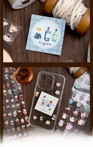 Detailed view of daily life themed decorative stickers with floral and coffee illustrations