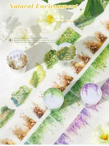 Detail of PET decorative tape featuring botanical patterns like roses and wisteria vines