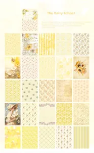 Detail view of 25 vintage floral daisy patterns on white kraft paper for DIY scrapbooking