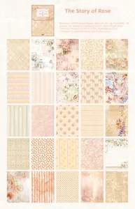 Detail view showing 25 vintage floral pattern designs on white kraft paper scrapbooking sheets