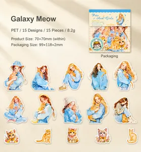 Makro-Detail des PET-Stickersets mit 15 süßen Mädchen- und Katzen-Illustrationen