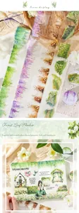 Detail showing PET decorative tape with transparent plant patterns for journaling