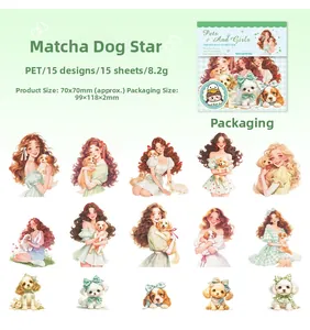 Detail von 15 PET-Aufklebern mit Mädchen und Hunden für DIY-Journals im Wald-Stil
