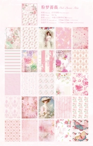 Macro display of 25 vintage pink floral scrapbook paper designs for DIY journal decor