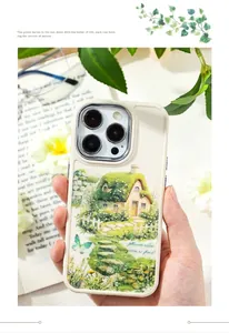 Detail of iPhone Pro case featuring pastoral cottage illustration and nature scenery