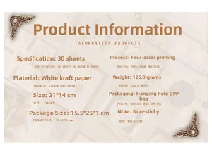 Dettagli della carta scrapbooking vintage con specifiche su peso e dimensioni