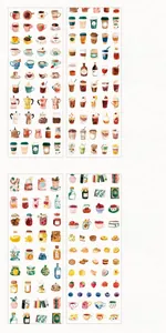 Detailed macro view of synthetic paper stickers with coffee and afternoon tea illustrations