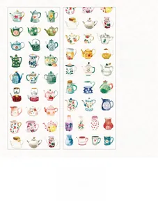 Detail of floral and tea set watercolor patterns on decorative paper tape with dimensions