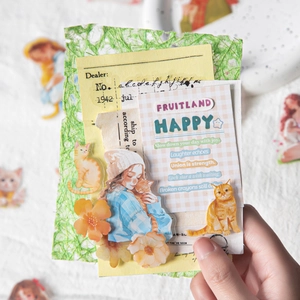 PET-Aufkleber-Set für Journaling mit Motiven von Mädchen, Katzen und Blumen