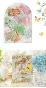 Macro detail of vintage floral material paper with stamps and classical portrait for scrapbooking