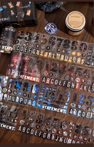 Detailed view of vintage industrial style adhesive tapes and stickers on a wooden surface