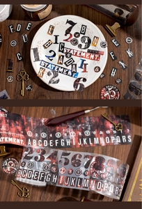 Detail of 75mm vintage industrial style alphabet washi tape with red and black letter prints