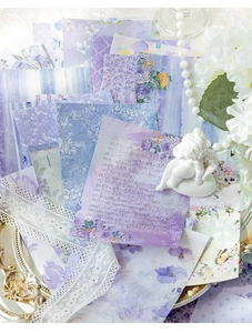 Macro detail of vintage floral scrapbooking paper with purple watercolor patterns