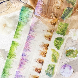 Nature landscape PET decorative tape with green plants and purple wisteria patterns