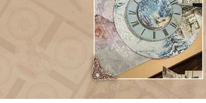 Detail of vintage scrapbook material with metal corner protector and retro clock patterns