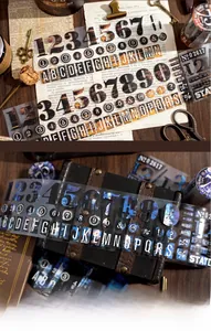 Close-up of vintage industrial PET stickers with numbers and alphabets on retro background