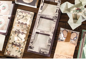 Detail of vintage scrapbook paper featuring butterflies and retro clock designs