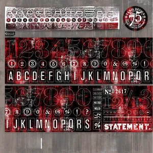 Close-up of vintage industrial washi tape with red and black typographic design elements