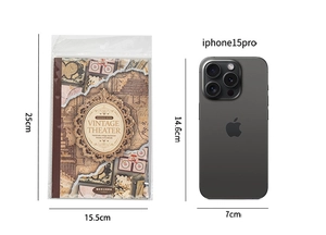 Detail showing vintage theater scrapbook material size compared to iPhone 15 Pro