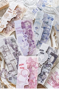 Detail of vintage PET stickers with floral and artistic frames for DIY journaling