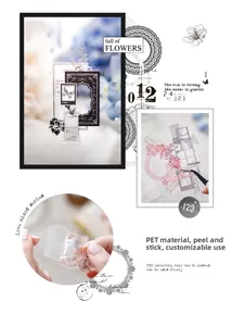 Detail of waterproof PET stickers with translucent floral and butterfly designs