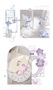 Detail of vintage PET floral stickers on glass bottles and textured paper crafts