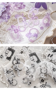 Detail of 10pcs vintage floral PET stickers with purple lace and botanical motifs