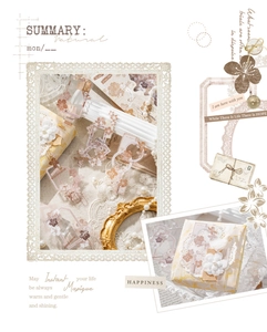 Detail of vintage PET floral scrapbooking stickers with lace borders for DIY journaling