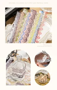 Macro detail of vintage hollow lace stickers made of white kraft paper for DIY journals