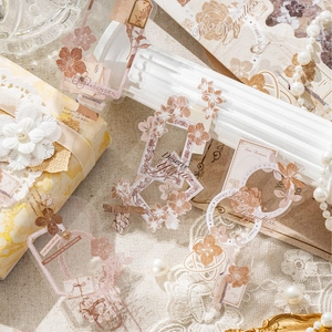 Retro floral PET stickers with vintage borders and champagne rose motifs for journaling
