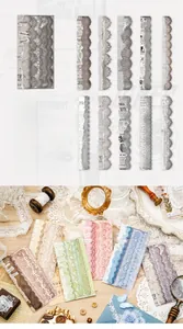 Macro view of vintage laser-cut lace stickers on white kraft paper for DIY scrapbooking
