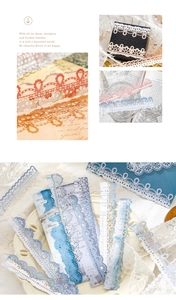 Close-up of vintage hollow lace stickers for DIY journals with retro English text