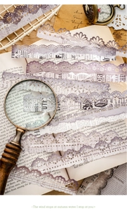 Vintage hollow lace paper strips with newspaper texture for DIY journaling and scrapbooking
