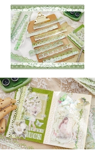 Macro detail of vintage green floral lace stickers with intricate hollow-out patterns