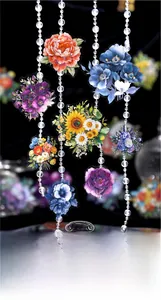 Detailed view of floral PET stickers on crystal beads with artistic starry background