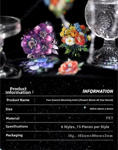 Detail of PET floral stickers showing size specs and various botanical flower patterns