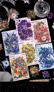 Detailed close-up of floral PET stickers featuring vintage sunflowers and glitter accents