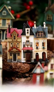 Macro view of detailed miniature European building models with laser-cut craftsmanship