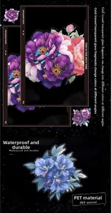 Detail of PET floral stickers featuring iridescent cold foil and waterproof finish