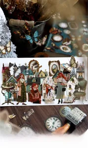 Macro shot of vintage style stickers featuring Victorian girls and botanical elements